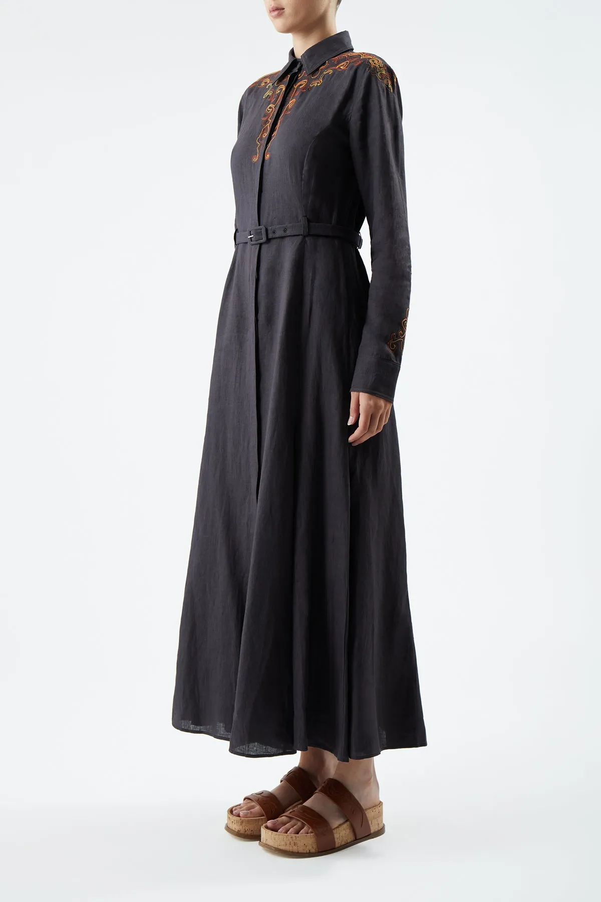 Mcgraw Embroidered Shirtdress in Charcoal Aloe Linen sold by Gabriela Hearst product image thumbnail 3