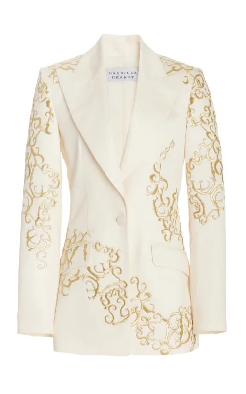 Leiva Embroidered Blazer in Ivory Textured Linen sold by Gabriela Hearst