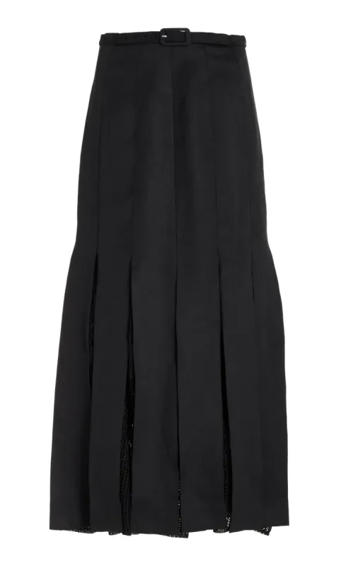 Edith Pleated Midi Skirt in Black Textured Linen sold by Gabriela Hearst