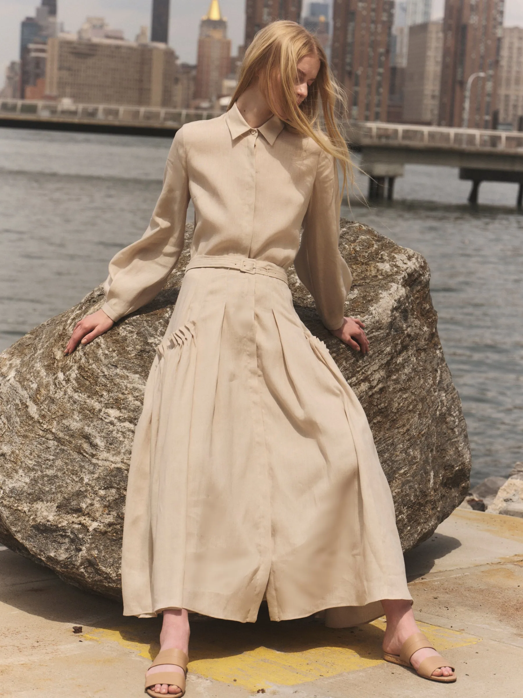Cyrielle Pleated Midi Skirt in Oatmeal Aloe Linen sold by Gabriela Hearst product image thumbnail 2