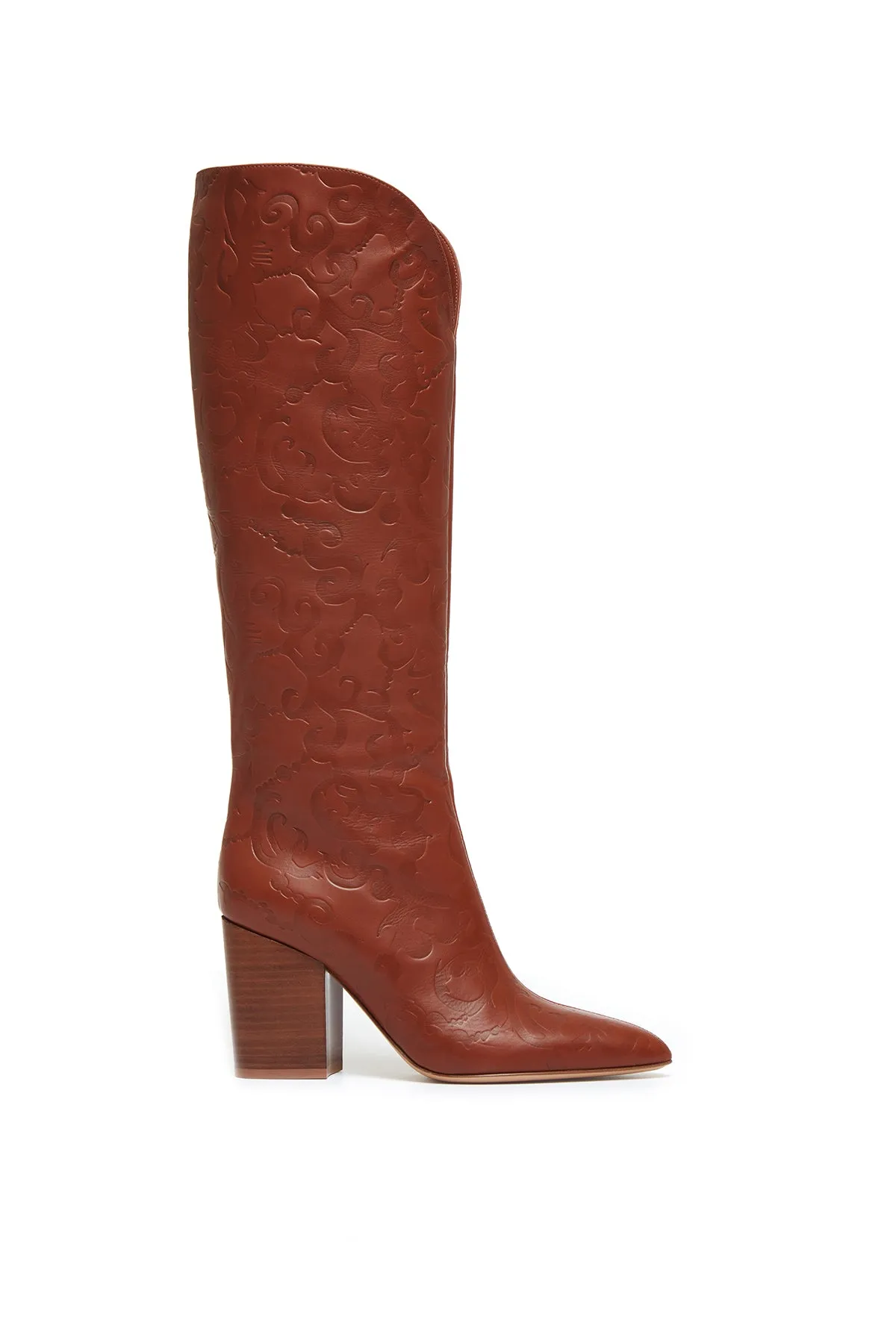 Cora Debossed Knee-High Boots in Cognac Leather sold by Gabriela Hearst