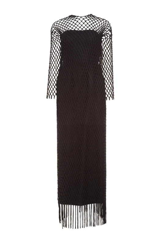 Barnett Macrame Dress with Slip in Black Wool Silk Cady sold by Gabriela Hearst