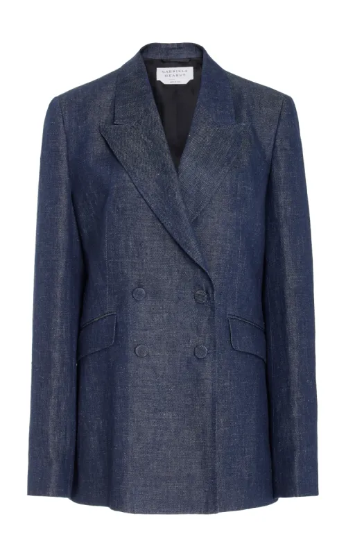 Angela Blazer in Dark Navy Washed Linen Denim sold by Gabriela Hearst