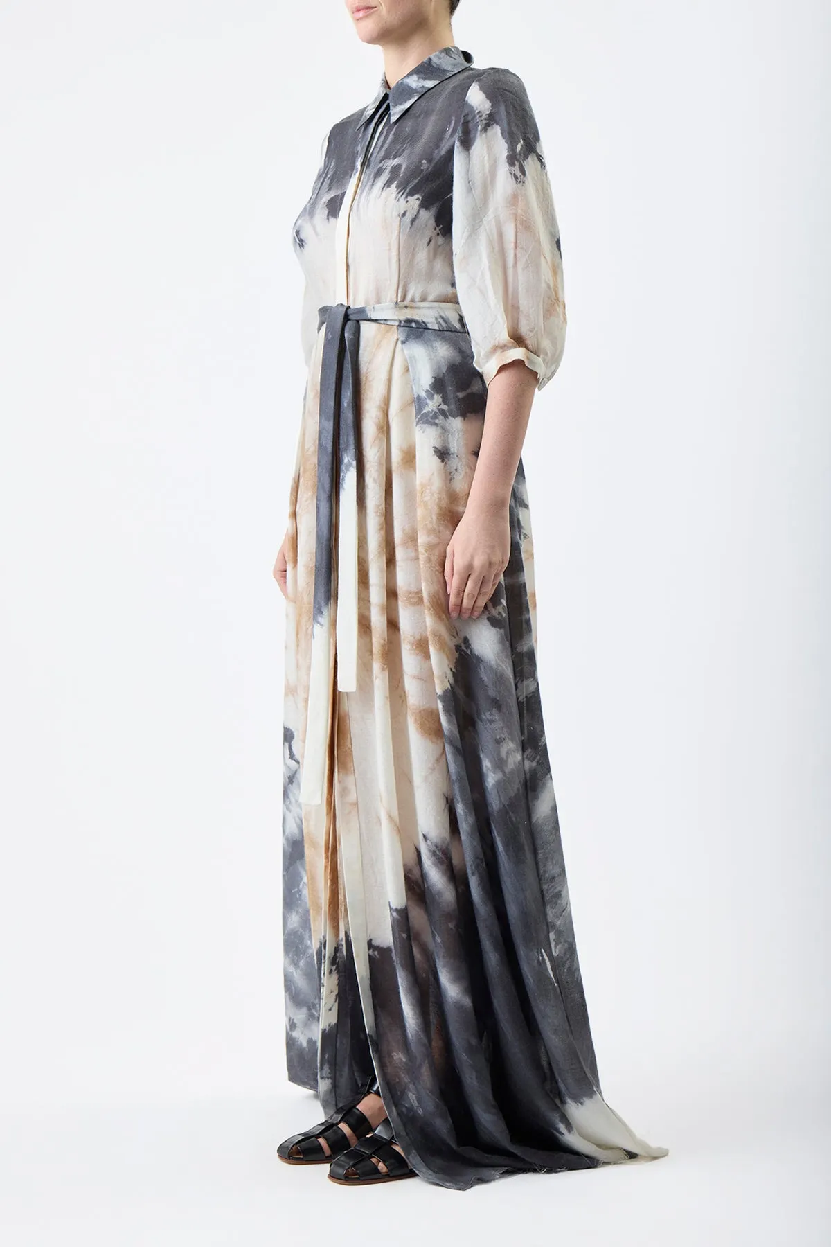Daisy Pleated Maxi Shirtdress in Camel Multi Tie Dye Cashmere Silk Gauze sold by Gabriela Hearst product image thumbnail 2