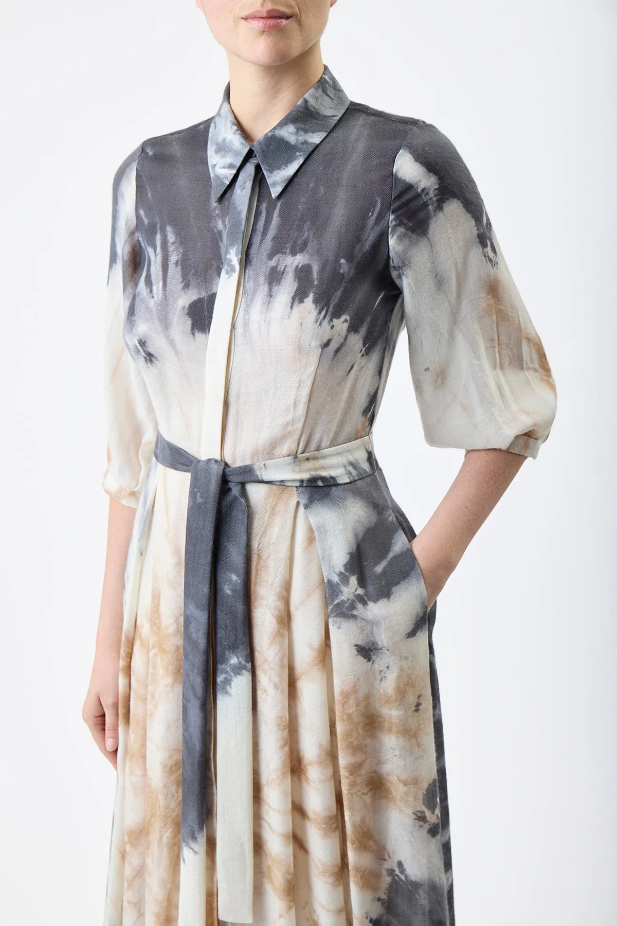 Daisy Pleated Maxi Shirtdress in Camel Multi Tie Dye Cashmere Silk Gauze sold by Gabriela Hearst product image thumbnail 4