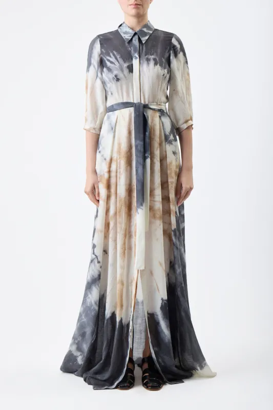 Daisy Pleated Maxi Shirtdress in Camel Multi Tie Dye Cashmere Silk Gauze sold by Gabriela Hearst