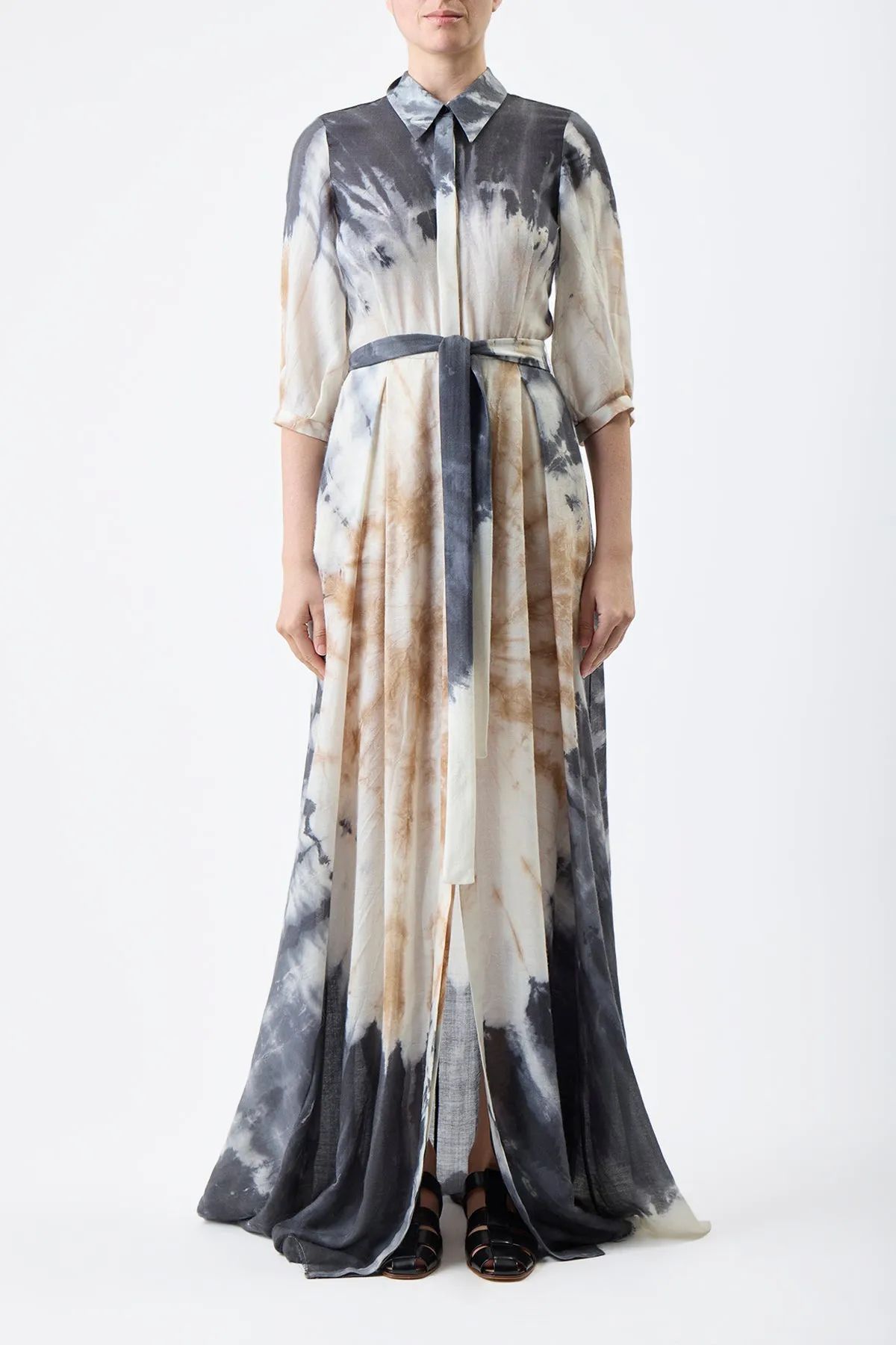 Daisy Pleated Maxi Shirtdress in Camel Multi Tie Dye Cashmere Silk Gauze sold by Gabriela Hearst