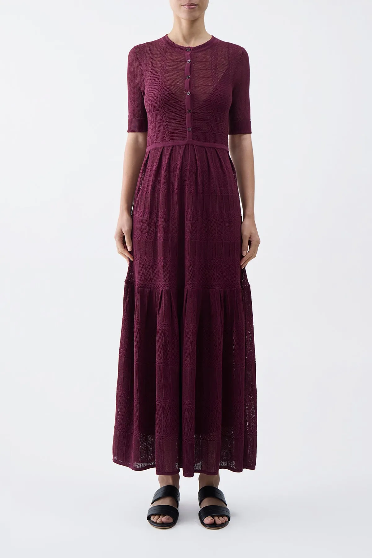 Iris Pointelle Knit Pleated Maxi Dress with Slip in Bordeaux Cotton Silk sold by Gabriela Hearst product image thumbnail 2