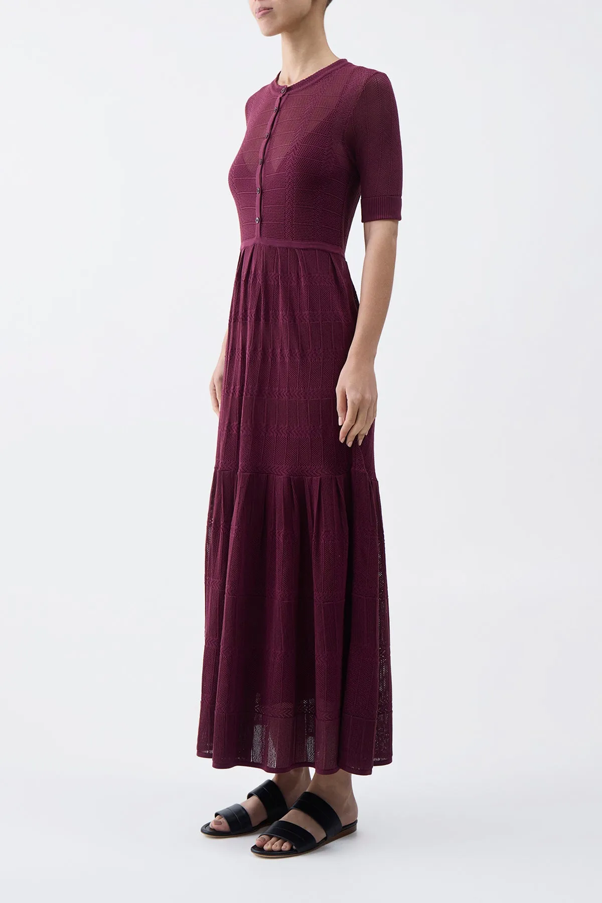 Iris Pointelle Knit Pleated Maxi Dress with Slip in Bordeaux Cotton Silk sold by Gabriela Hearst product image thumbnail 3