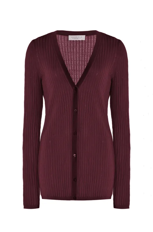 Emma Pointelle Knit Cardigan in Bordeaux Cashmere Silk sold by Gabriela Hearst
