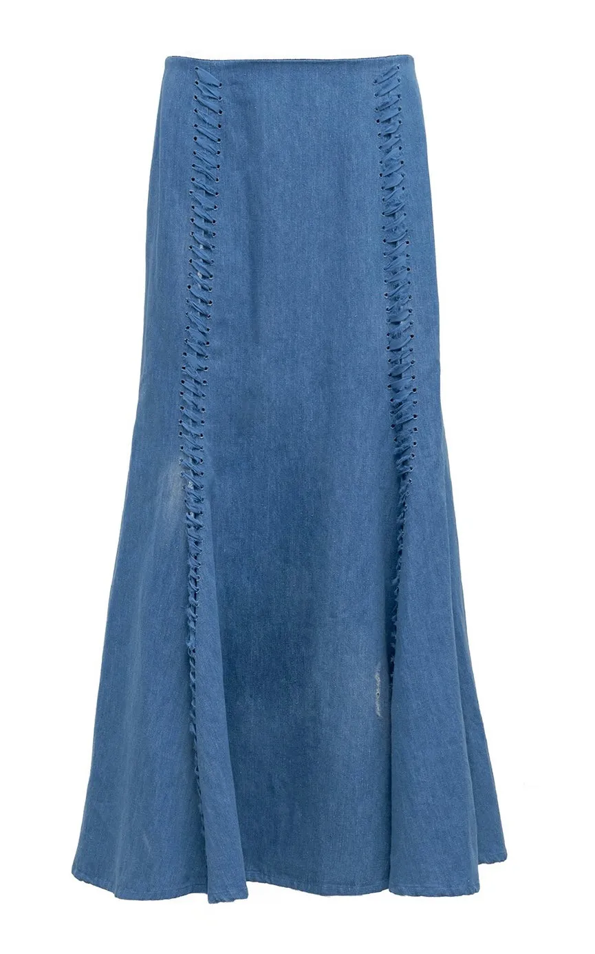 Dion Laces Maxi Skirt in Light Blue Recycled Cotton Linen Denim sold by Gabriela Hearst