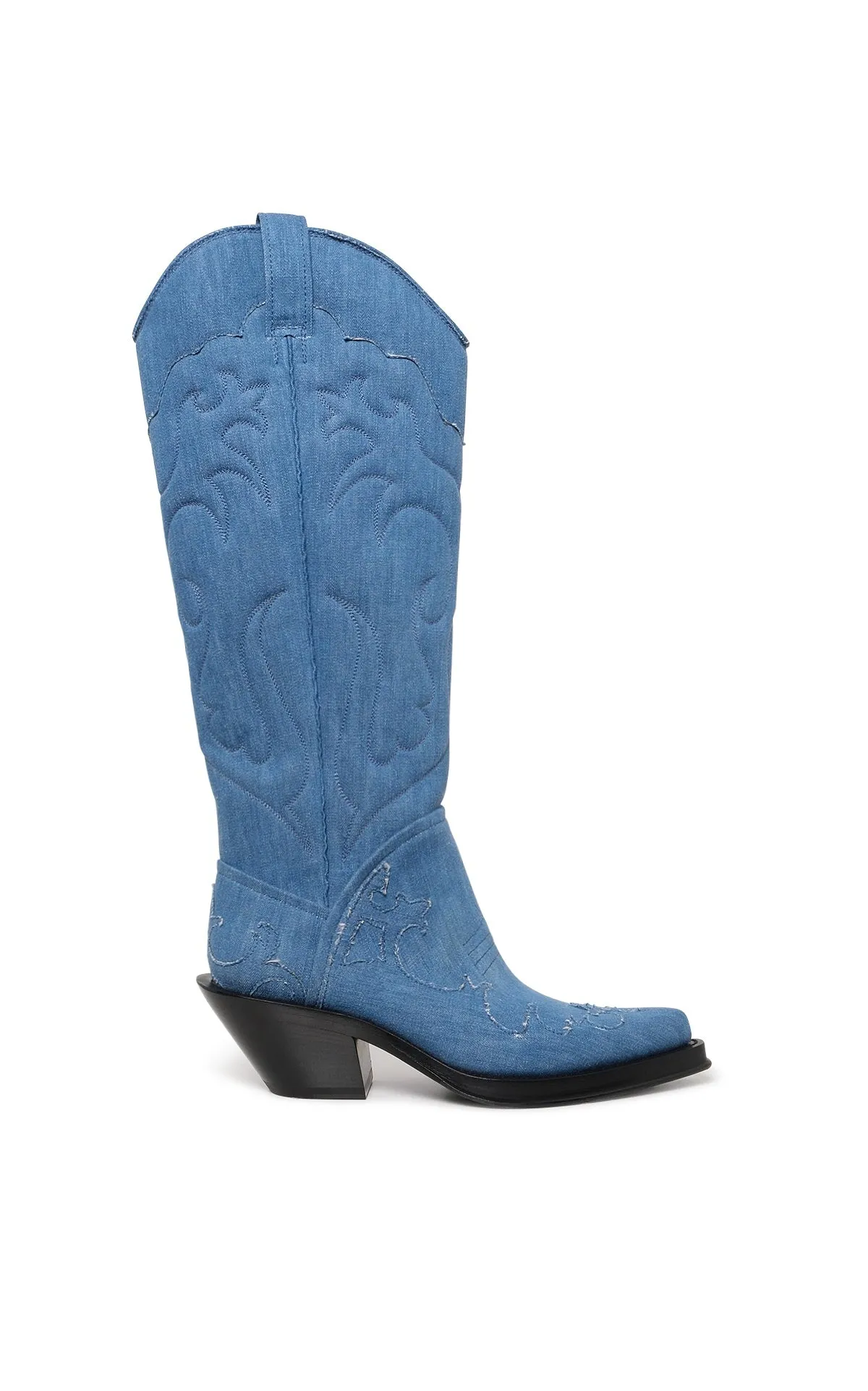 Capitana Cowboy Boot in Light Blue Recycled Cotton Linen Denim sold by Gabriela Hearst