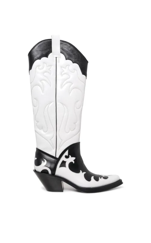 Capitana Cowboy Boot in White & Black Pearlized Leather made by Gabriela Hearst