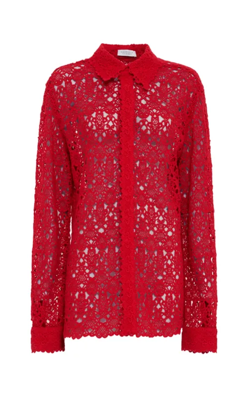 Cassia Shirt in Scarlet Red Cashmere Lace sold by Gabriela Hearst