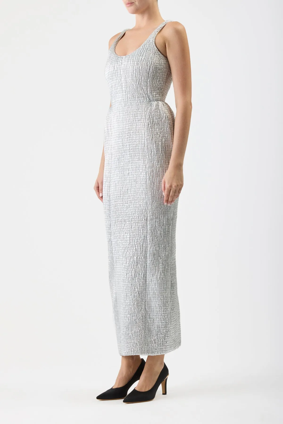 Girard Shirred Maxi Dress with Lining in Silver Metallic Nappa Leather sold by Gabriela Hearst product image thumbnail 3