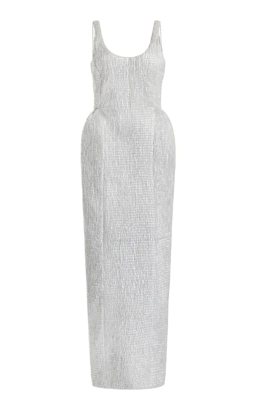 Girard Shirred Maxi Dress with Lining in Silver Metallic Nappa Leather sold by Gabriela Hearst