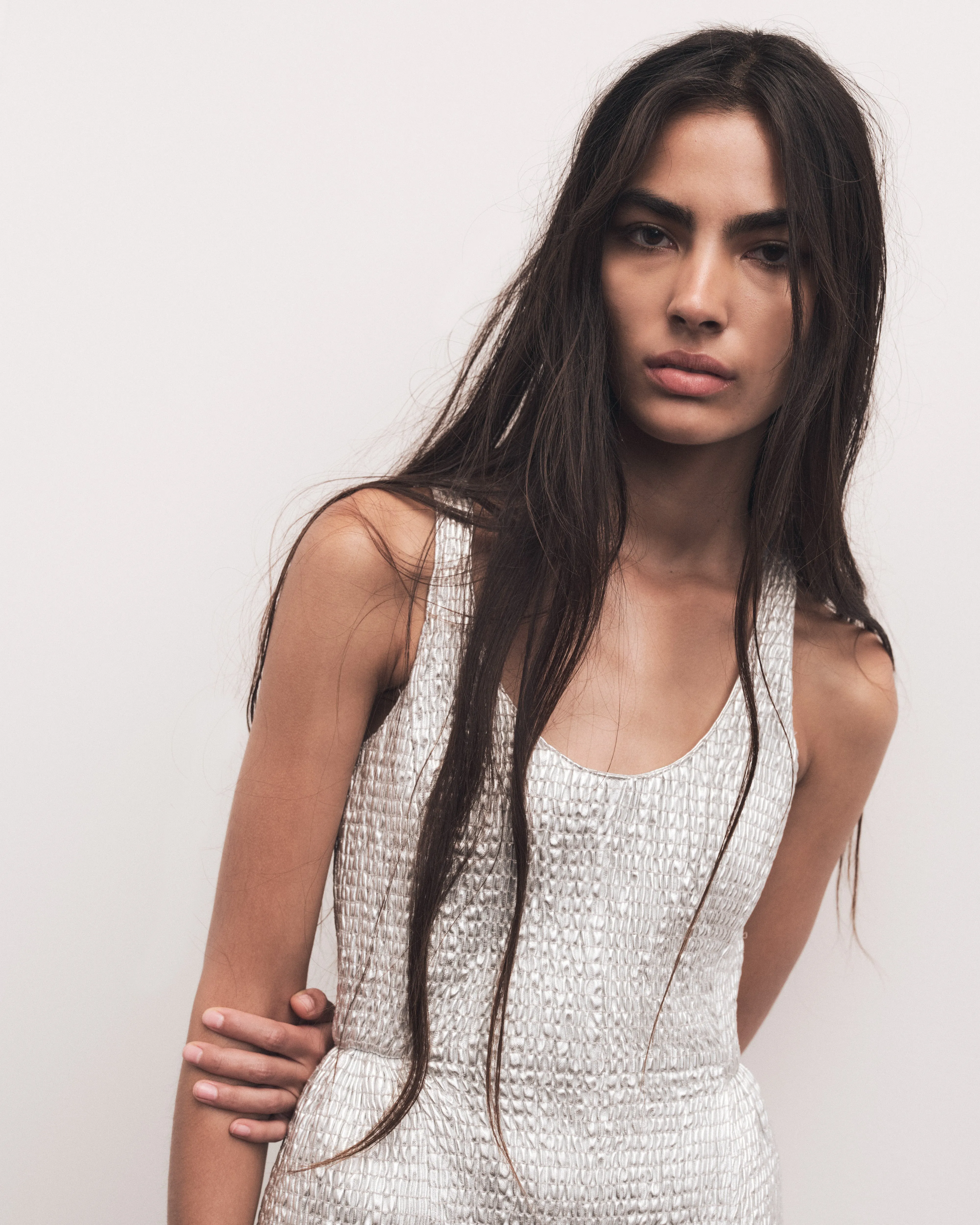 Girard Shirred Maxi Dress with Lining in Silver Metallic Nappa Leather sold by Gabriela Hearst product image thumbnail 5