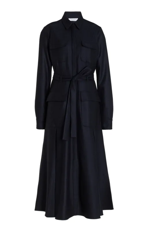 Roe Shirtdress in Dark Navy Virgin Wool Cashmere Flannel sold by Gabriela Hearst
