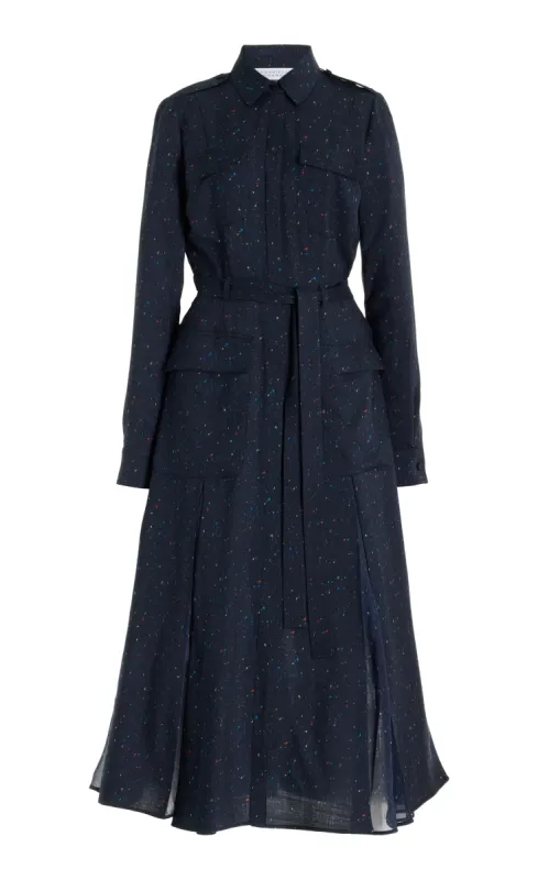 Meyer Pleated Maxi Shirtdress in Dark Navy Multi Printed Wool sold by Gabriela Hearst