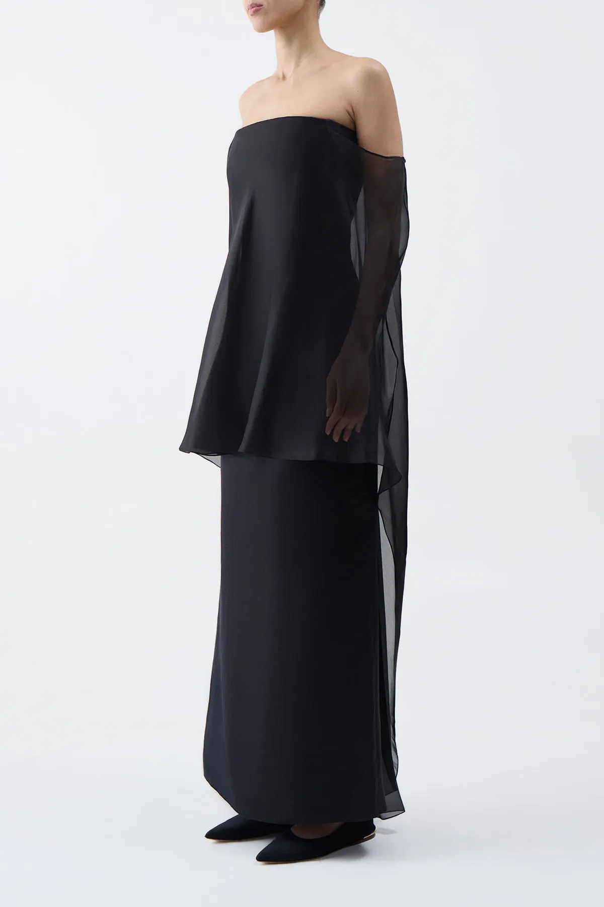 Marisha Maxi Dress in Black Textured Linen with Silk Organza Sheer Cape sold by Gabriela Hearst product image thumbnail 3
