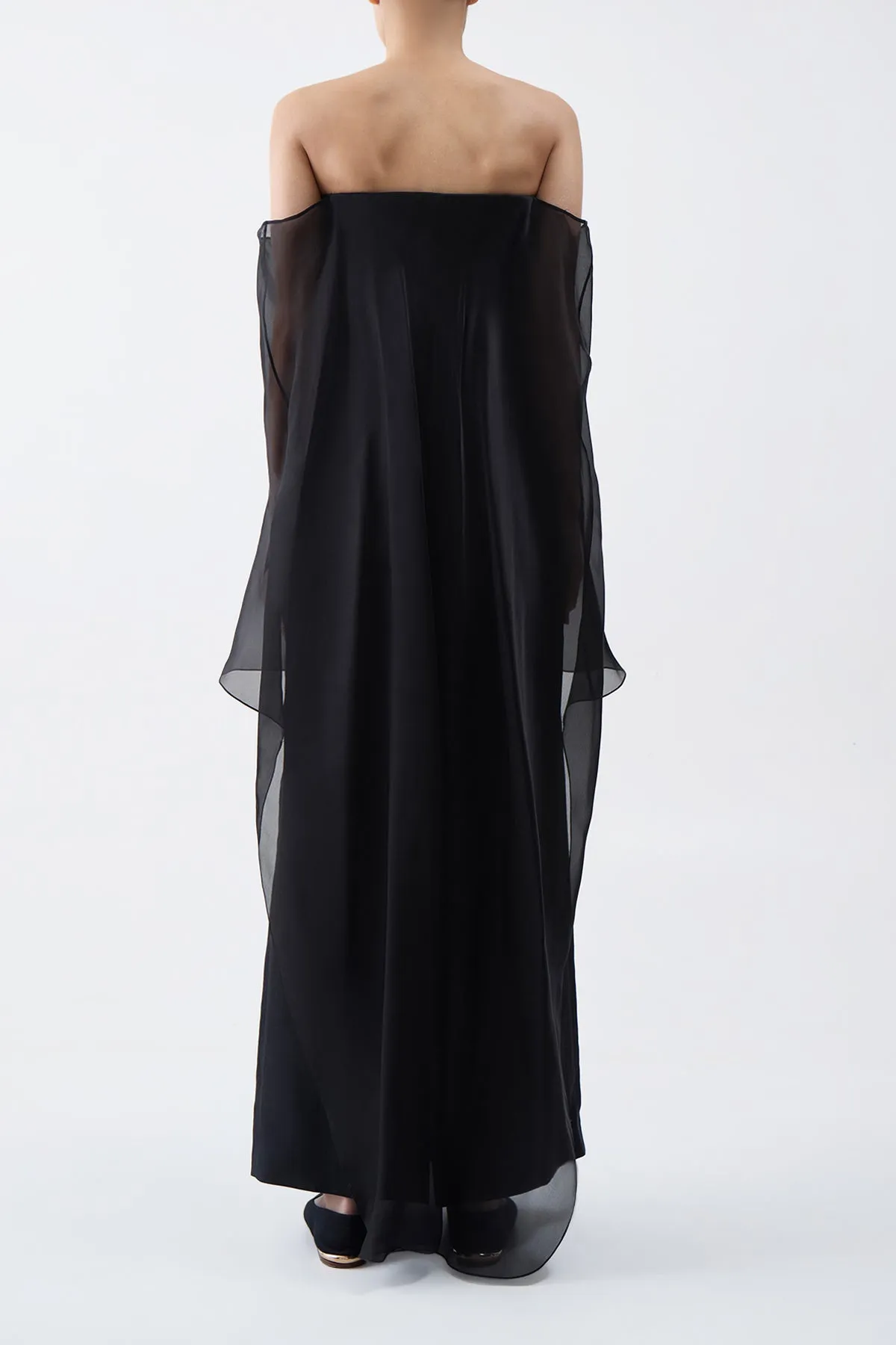Marisha Maxi Dress in Black Textured Linen with Silk Organza Sheer Cape sold by Gabriela Hearst product image thumbnail 4