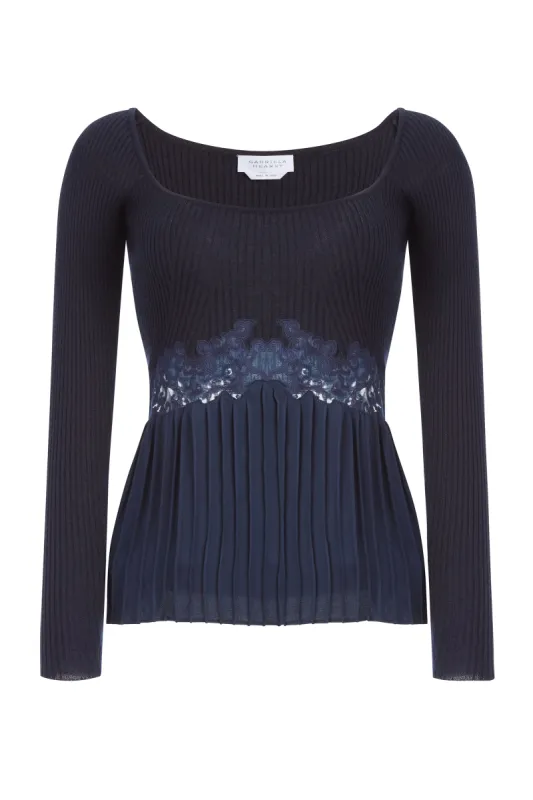 Fini Lace Top in Navy Silk Crepe sold by Gabriela Hearst