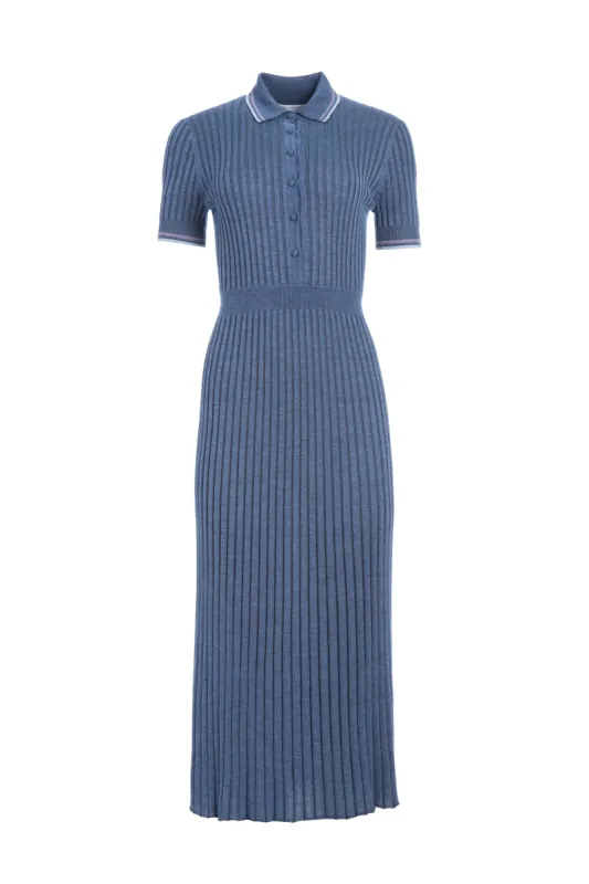 Eyot Knit Maxi Dress in Denim Blue Cashmere Silk sold by Gabriela Hearst