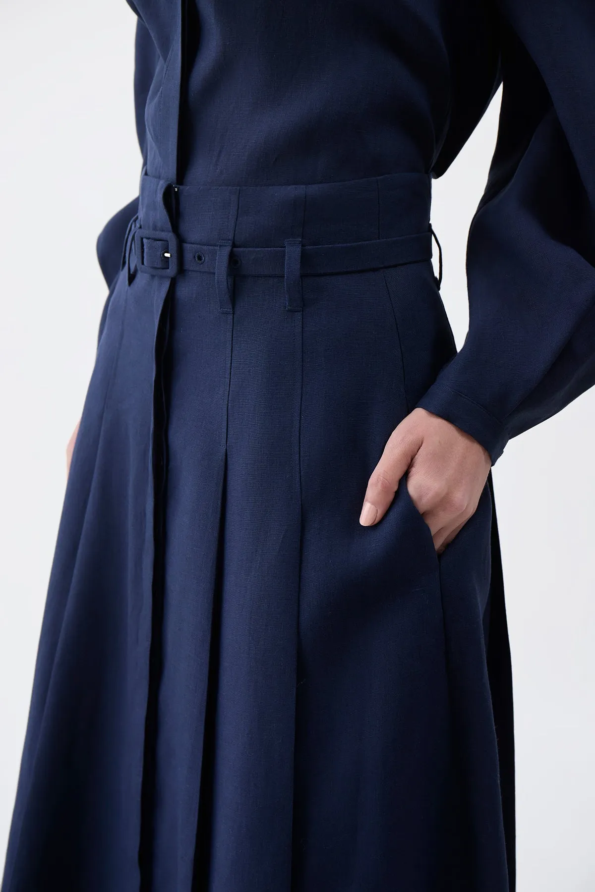 Dugald Pleated Midi Skirt in Navy Aloe Linen sold by Gabriela Hearst product image thumbnail 5