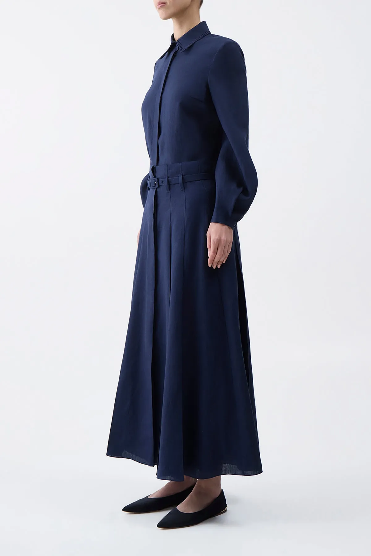 Dugald Pleated Midi Skirt in Navy Aloe Linen sold by Gabriela Hearst product image thumbnail 3