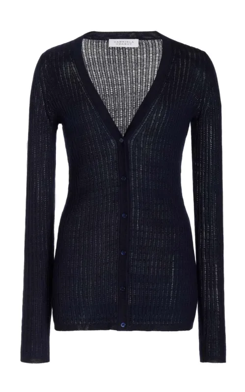 Emma Pointelle Knit Cardigan in Dark Navy Cashmere Silk sold by Gabriela Hearst