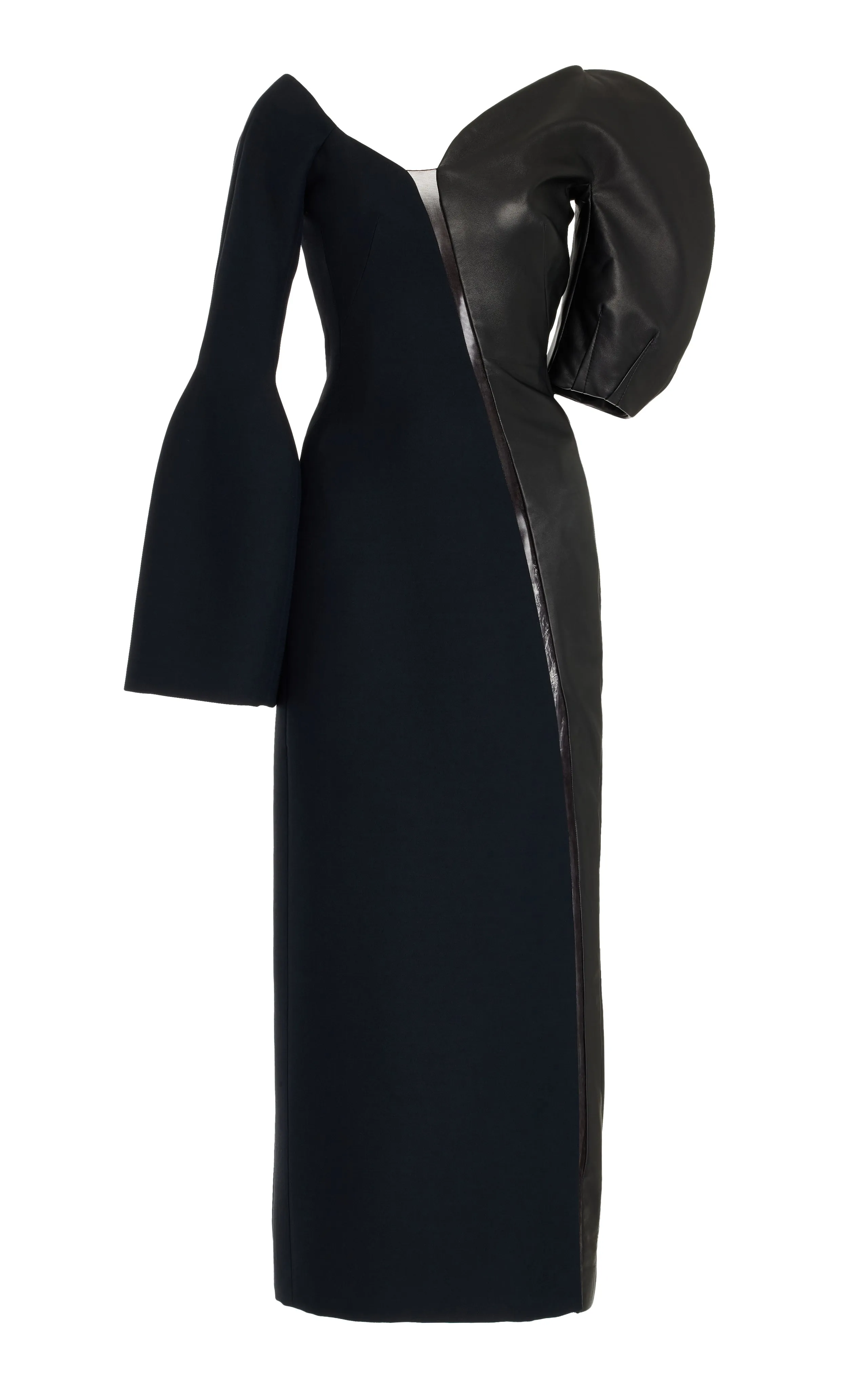 Merlin Midi Dress in Black Wool Silk Cady and Nappa Leather sold by Gabriela Hearst