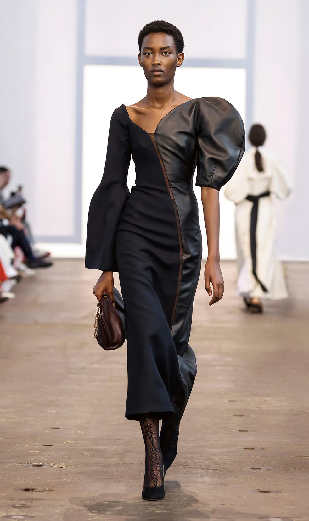 Merlin Midi Dress in Black Wool Silk Cady and Nappa Leather sold by Gabriela Hearst product image thumbnail 2