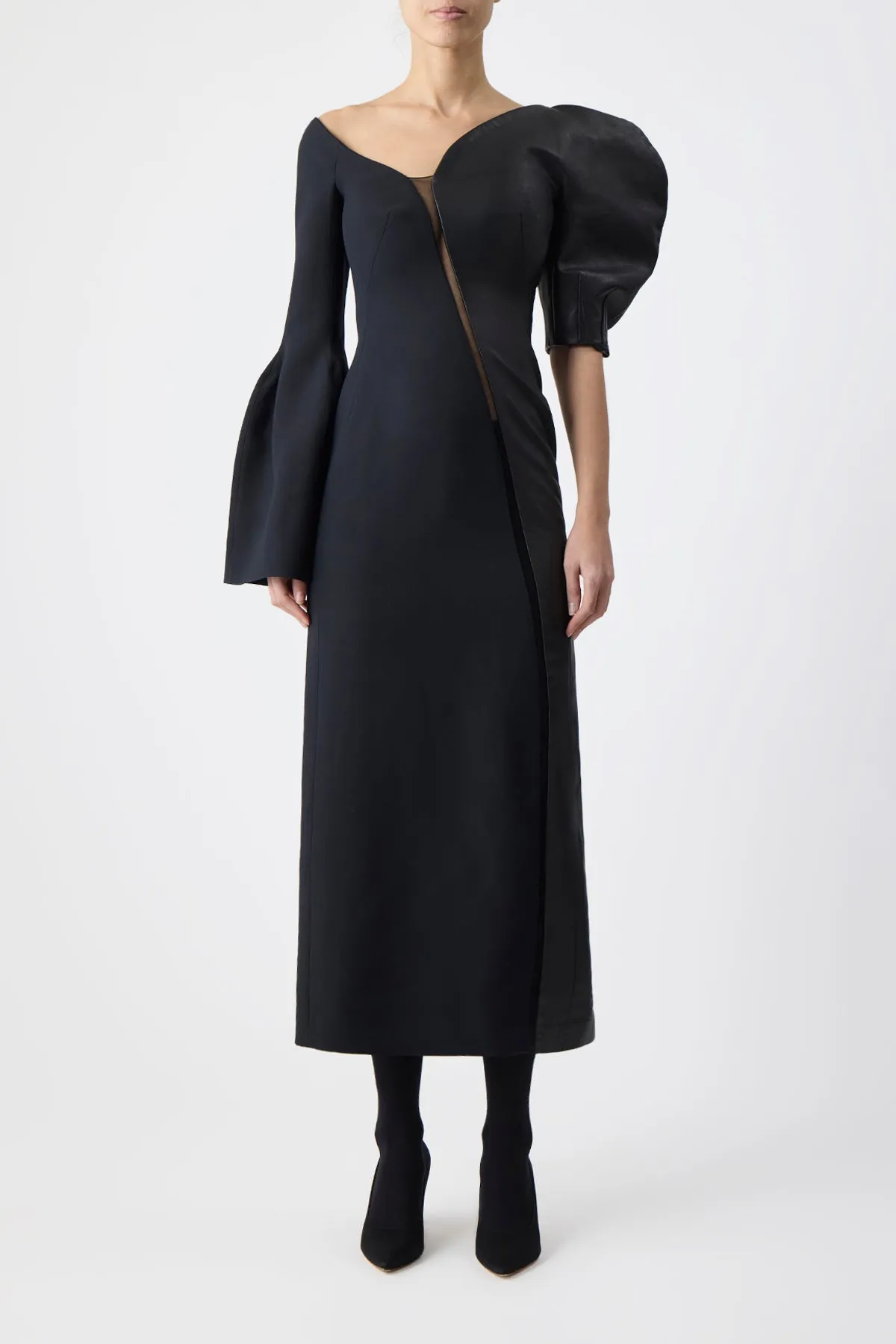Merlin Midi Dress in Black Wool Silk Cady and Nappa Leather sold by Gabriela Hearst product image thumbnail 3