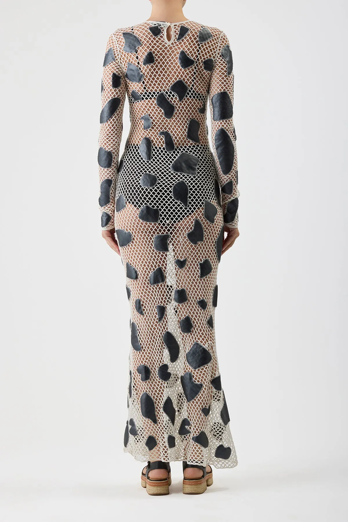 Romeo Crochet Maxi Dress in White Merino Wool with Black Metallic Nappa Leather Patches sold by Gabriela Hearst product image thumbnail 5