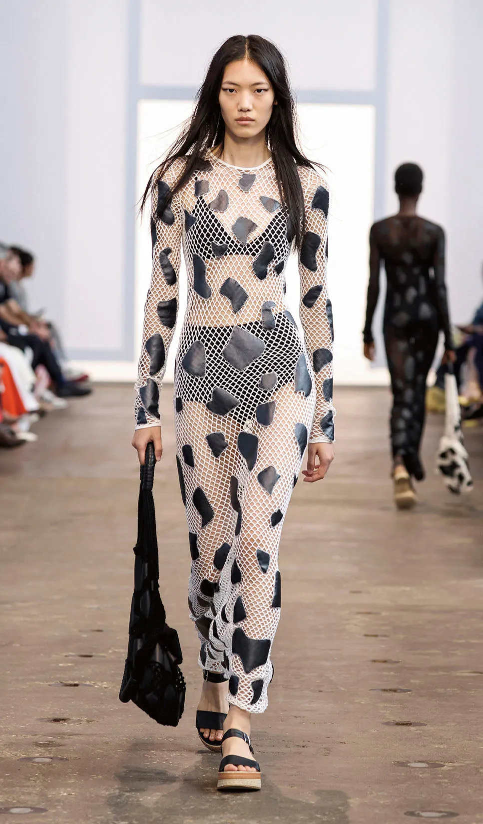 Romeo Crochet Maxi Dress in White Merino Wool with Black Metallic Nappa Leather Patches sold by Gabriela Hearst product image thumbnail 2