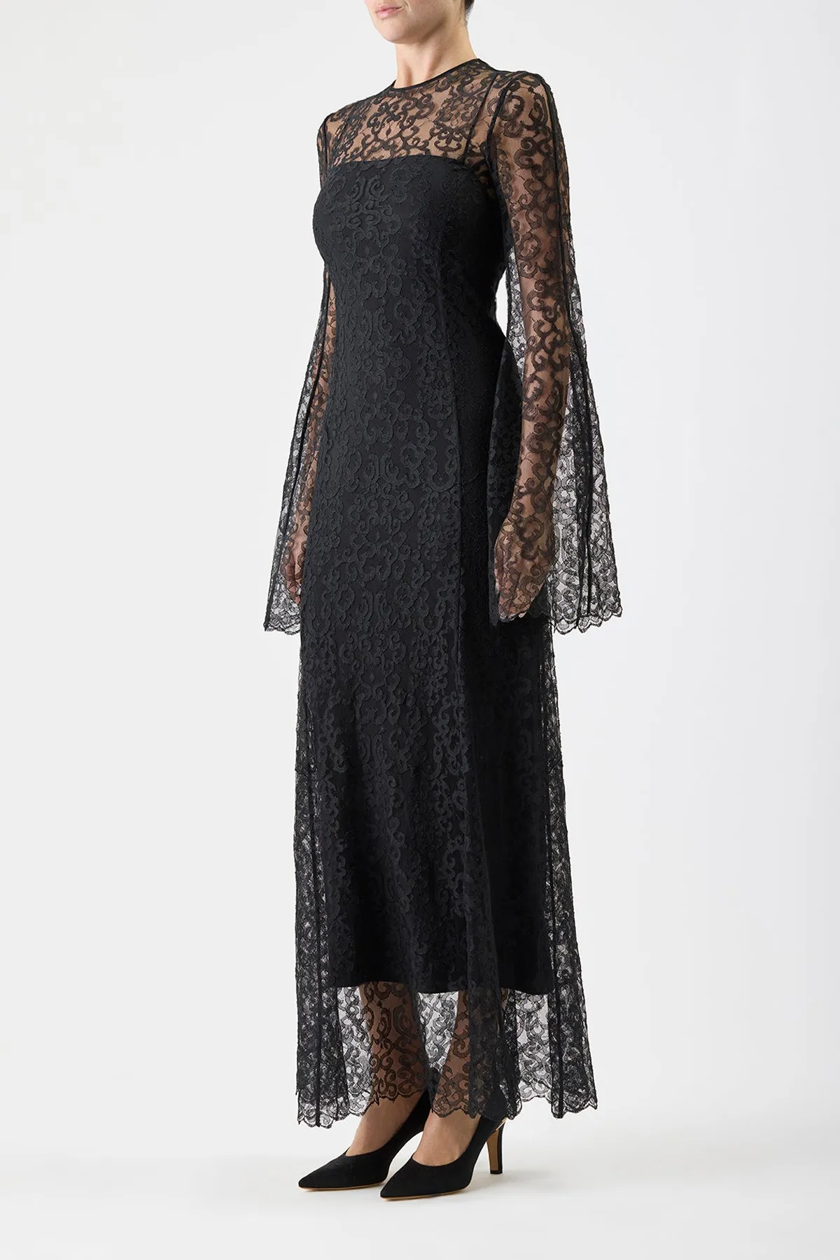Zimmer Sheer Maxi Dress with Slip in Black Silk Lace sold by Gabriela Hearst product image thumbnail 3