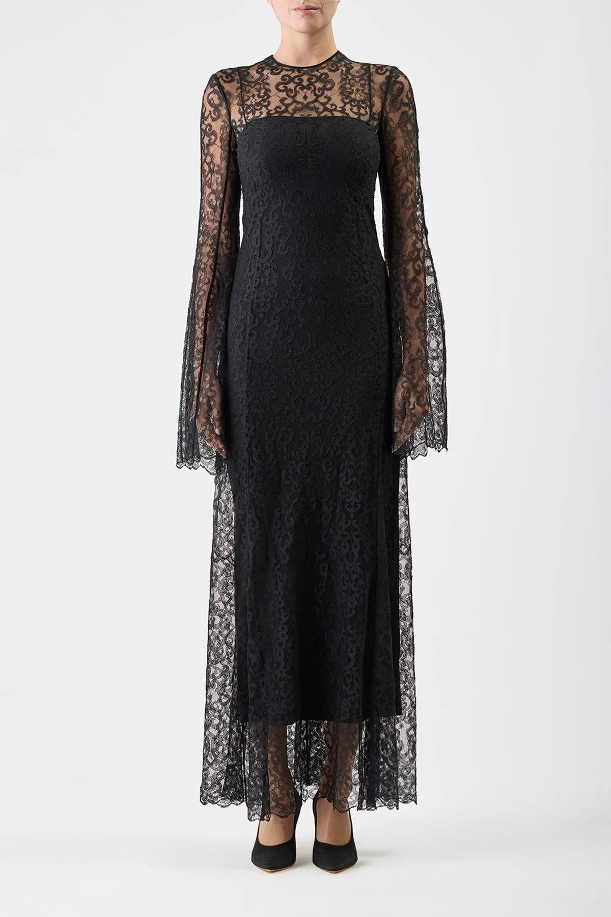 Zimmer Sheer Maxi Dress with Slip in Black Silk Lace sold by Gabriela Hearst