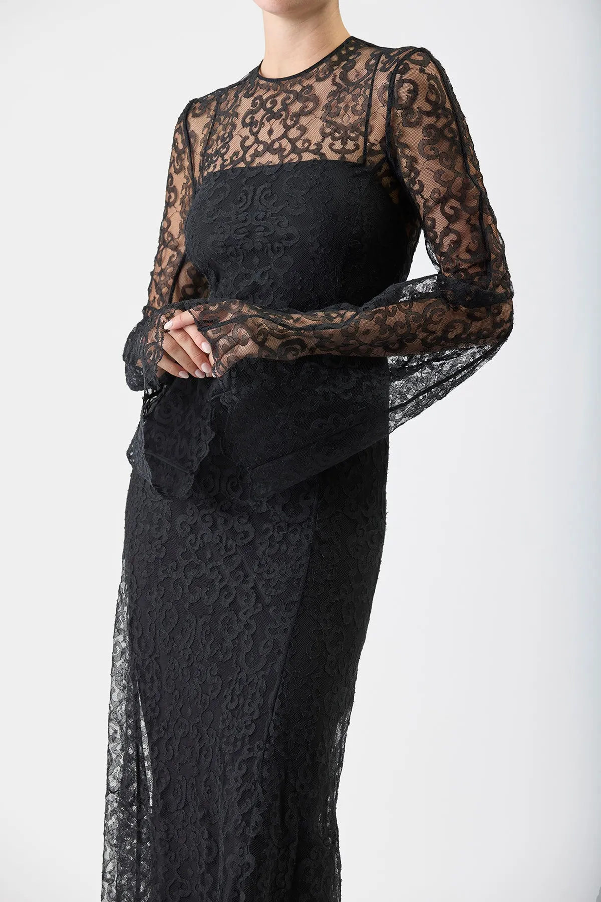 Zimmer Sheer Maxi Dress with Slip in Black Silk Lace sold by Gabriela Hearst product image thumbnail 5