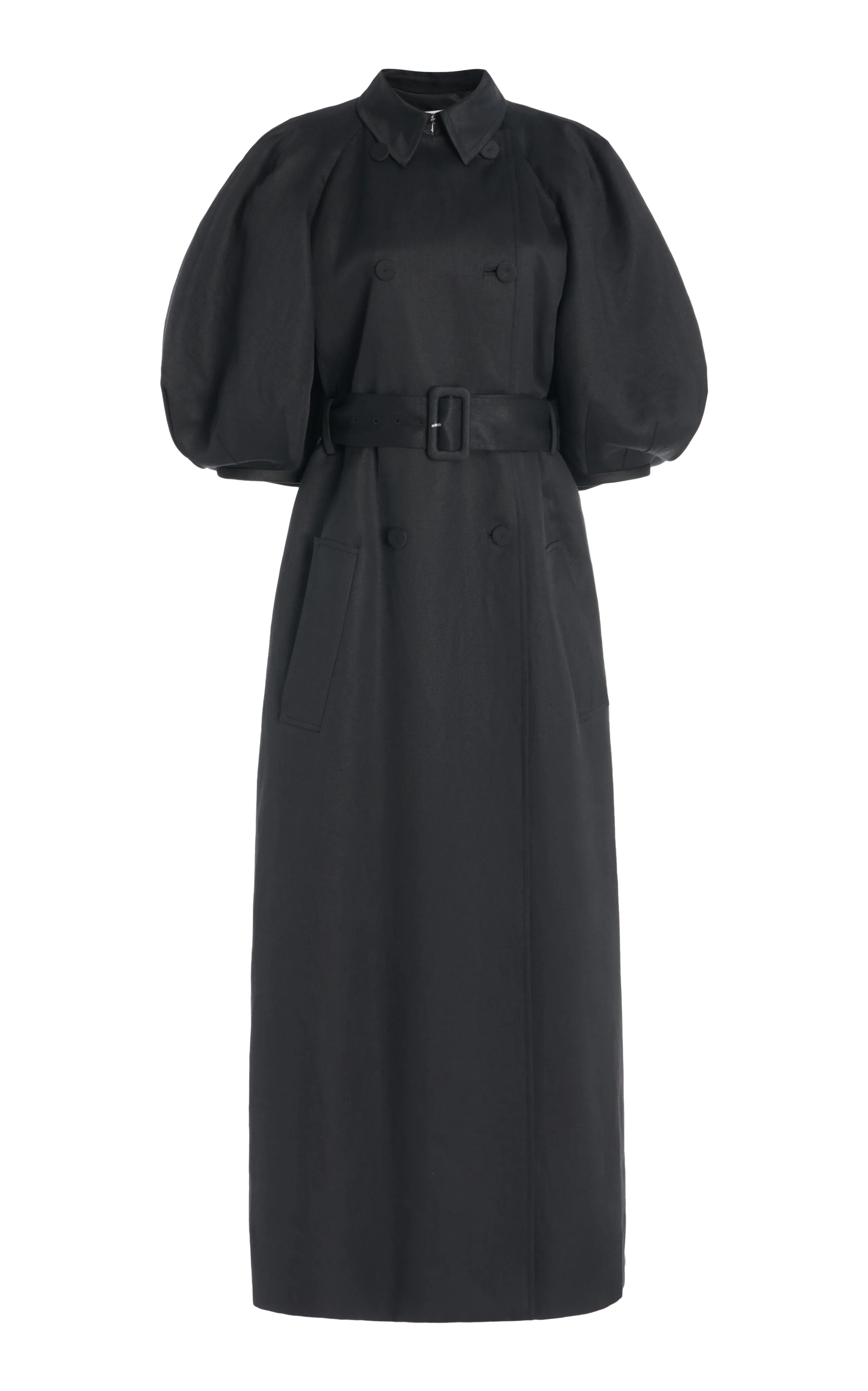 Iona Trench Coat in Black Textured Linen sold by Gabriela Hearst