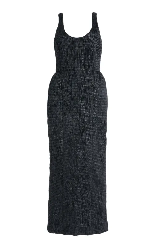 Girard Shirred Maxi Dress with Lining in Black Pearlized Nappa Leather sold by Gabriela Hearst