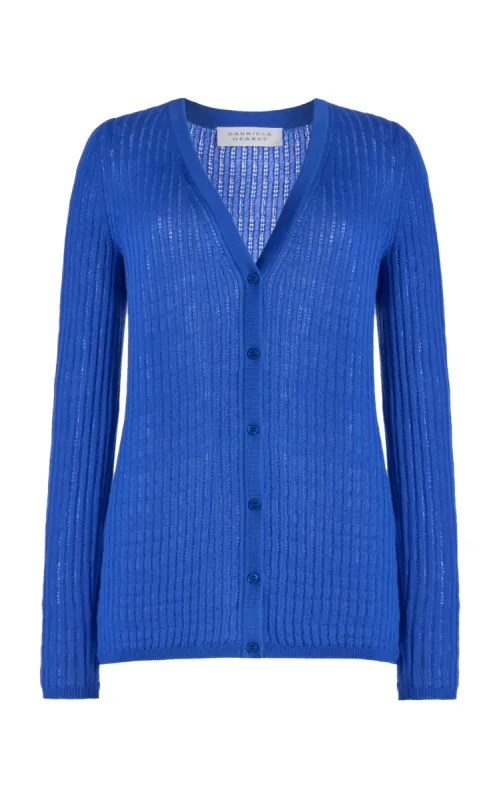 Emma Pointelle Knit Cardigan in Sapphire Cashmere Silk sold by Gabriela Hearst