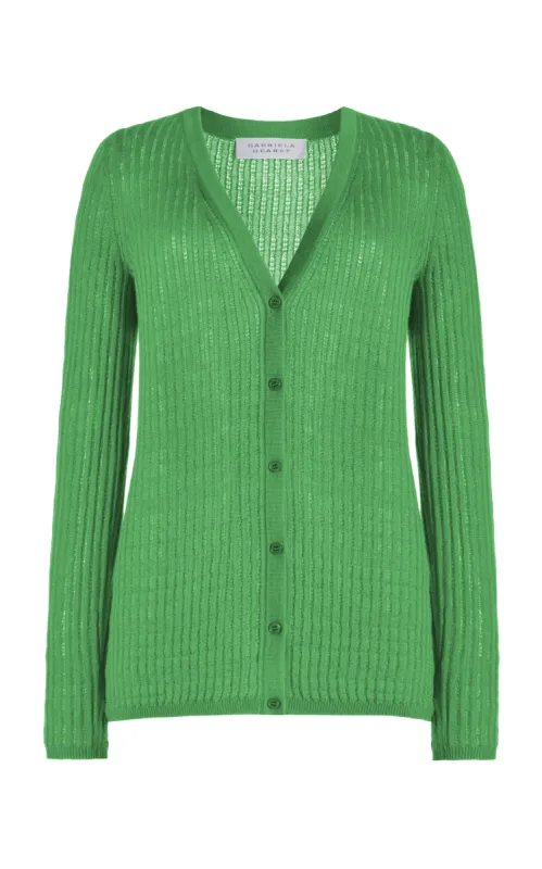 Emma Pointelle Knit Cardigan in Peridot Green Cashmere Silk sold by Gabriela Hearst