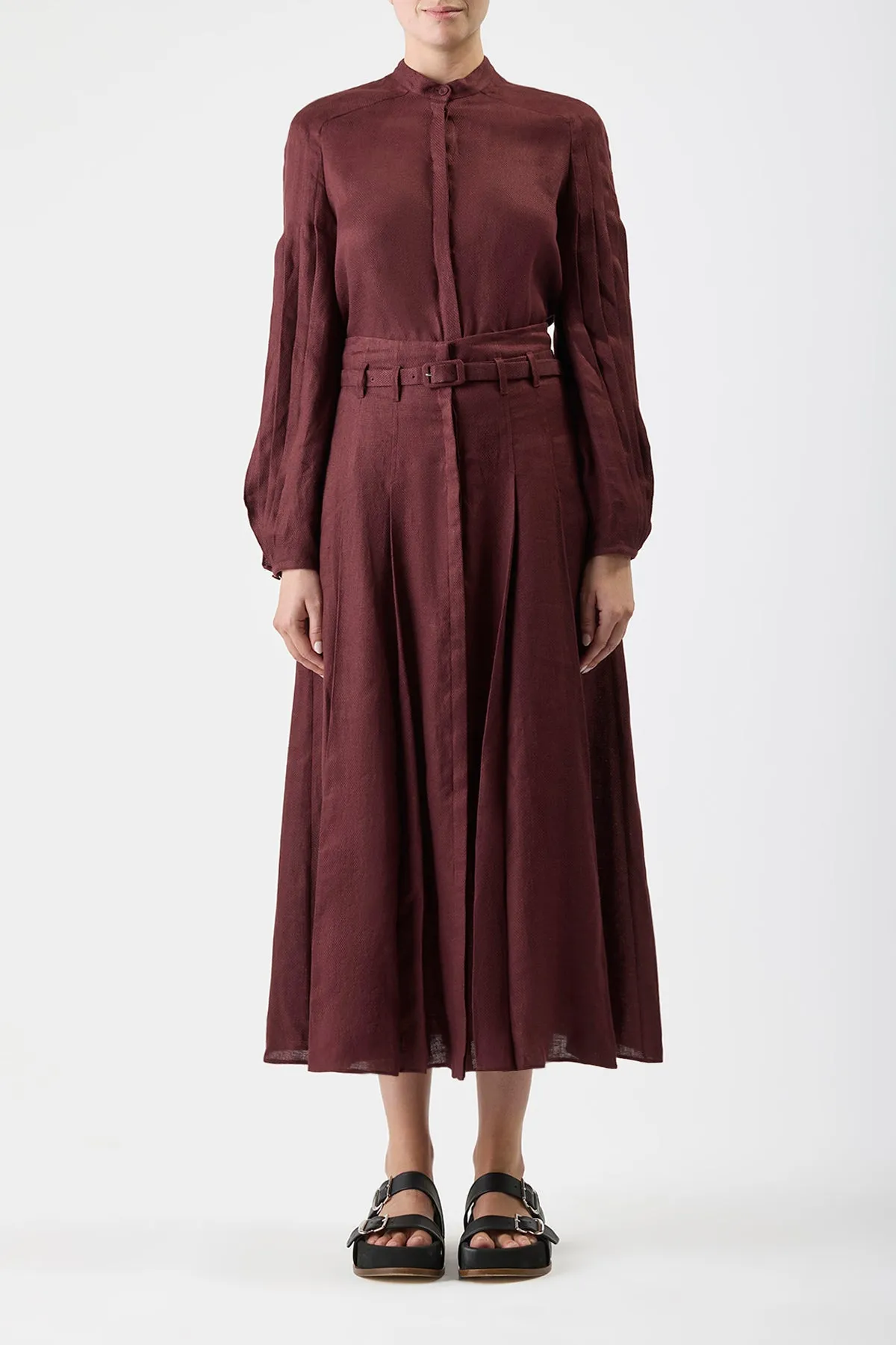 Dugald Pleated Midi Skirt in Deep Bordeaux Linen sold by Gabriela Hearst product image thumbnail 2