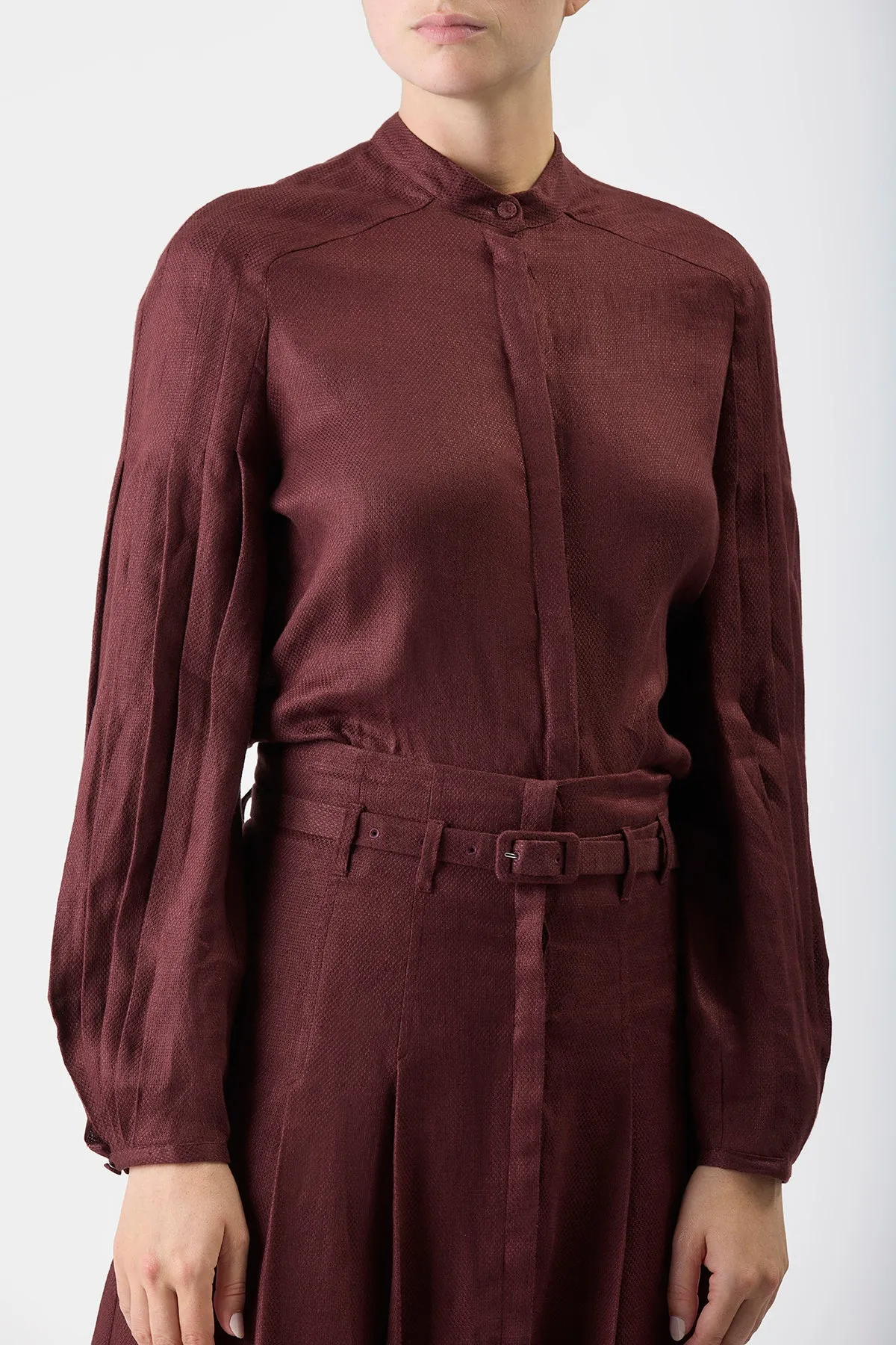 Dugald Pleated Midi Skirt in Deep Bordeaux Linen sold by Gabriela Hearst product image thumbnail 5