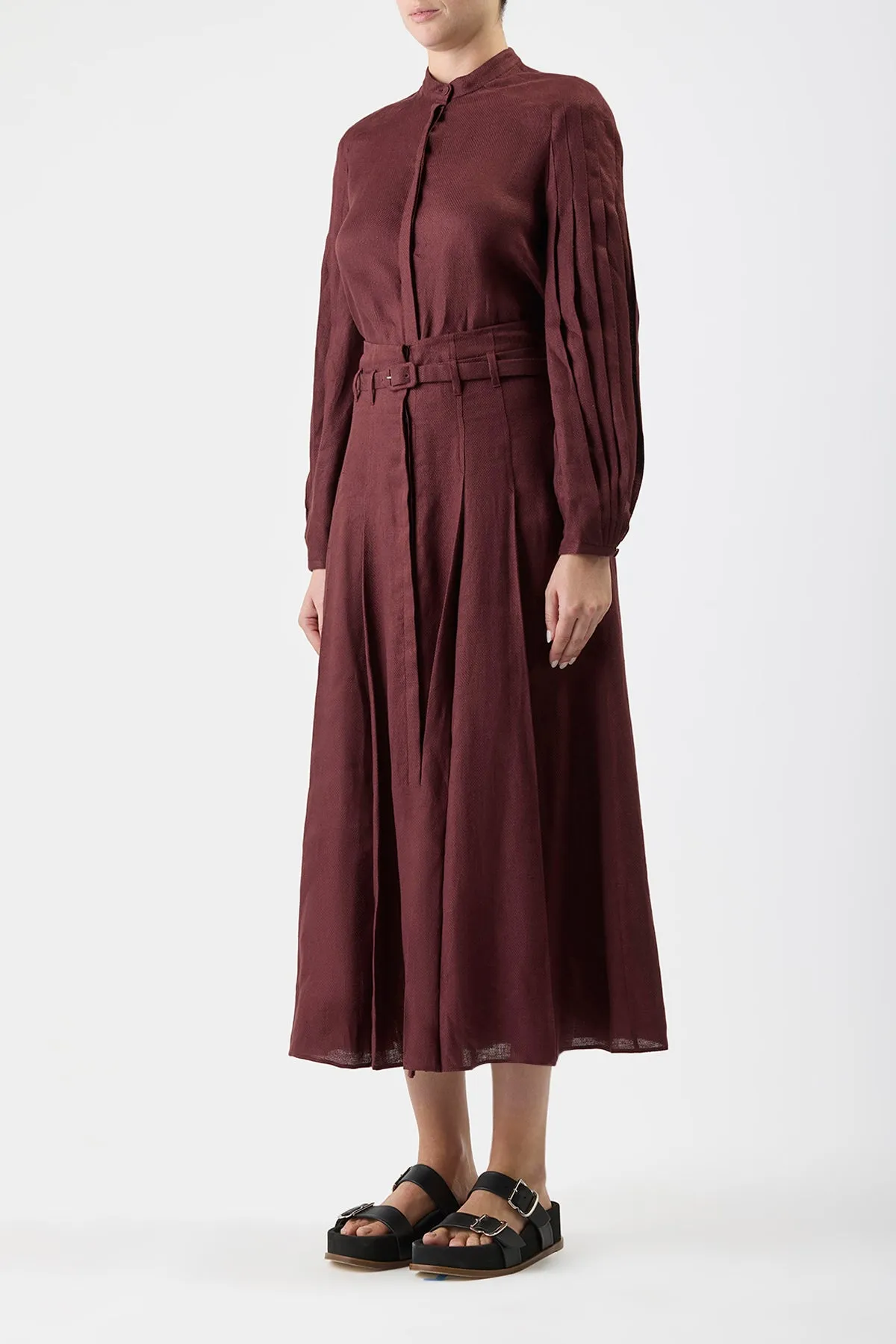 Dugald Pleated Midi Skirt in Deep Bordeaux Linen sold by Gabriela Hearst product image thumbnail 3