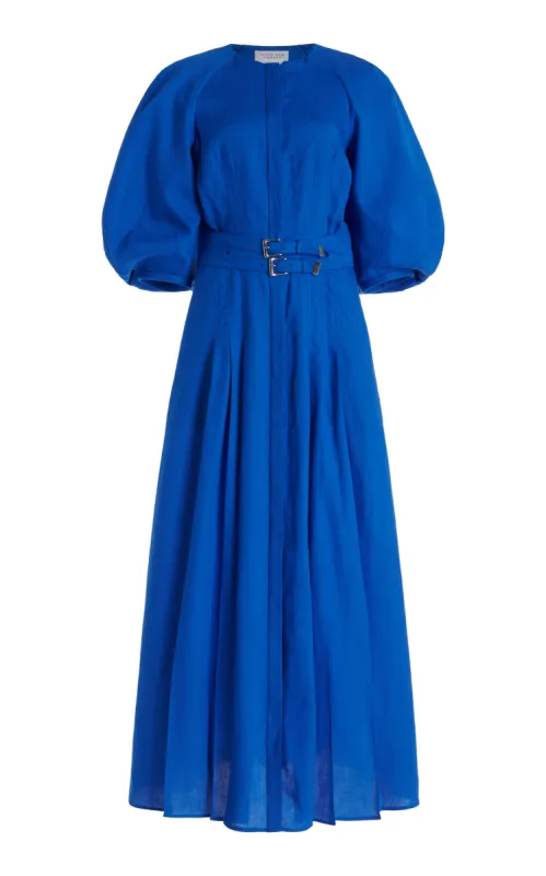 Elea Pleated Maxi Dress in Sapphire Aloe Linen sold by Gabriela Hearst