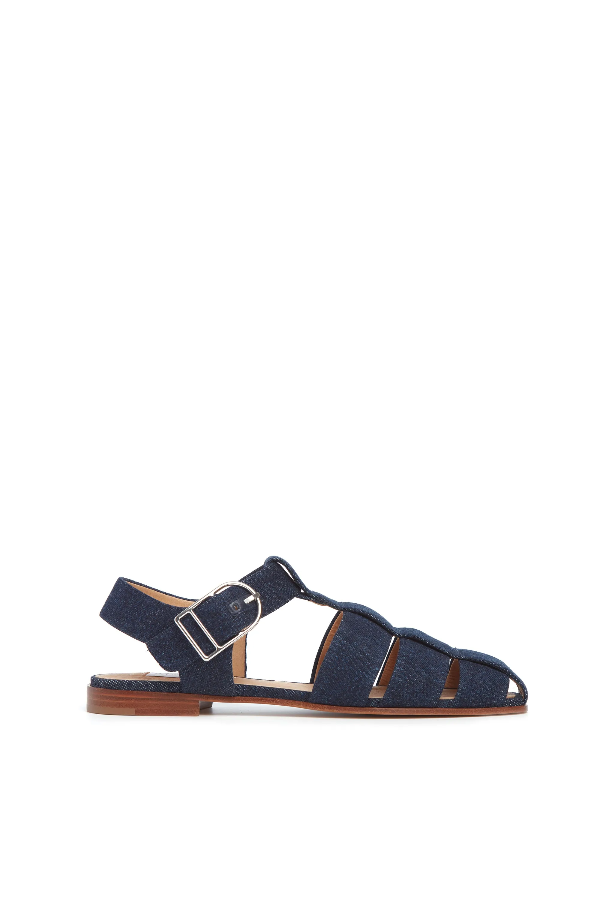 Lynn Flat Sandal in Organic Raw Denim sold by Gabriela Hearst