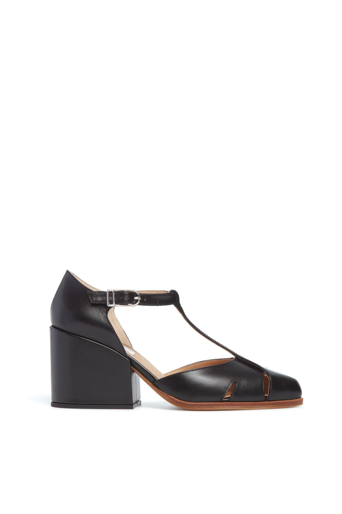Hawes T-Strap Heel in Black Leather sold by Gabriela Hearst