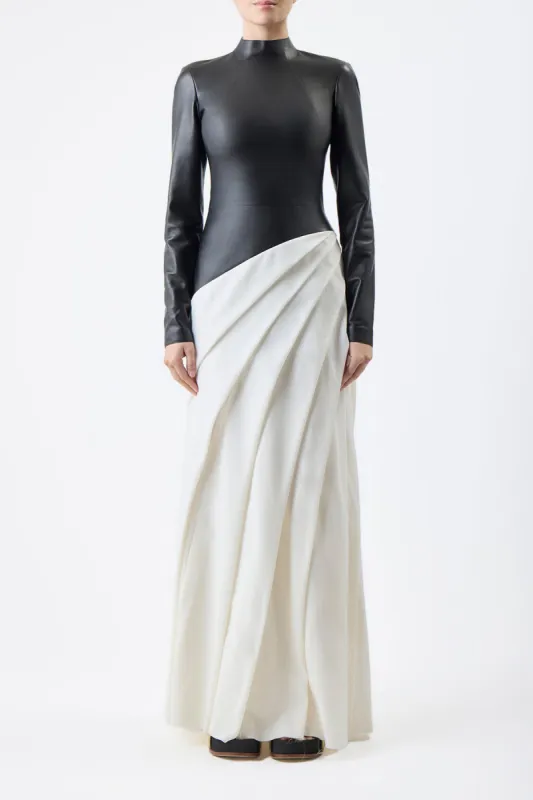 Aulay Pleated Maxi Dress in Black Nappa Leather & Ivory Cashmere Wool sold by Gabriela Hearst