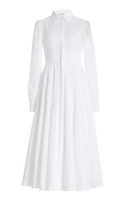 Dewi Pleated Maxi Shirtdress in White Aloe Linen sold by Gabriela Hearst